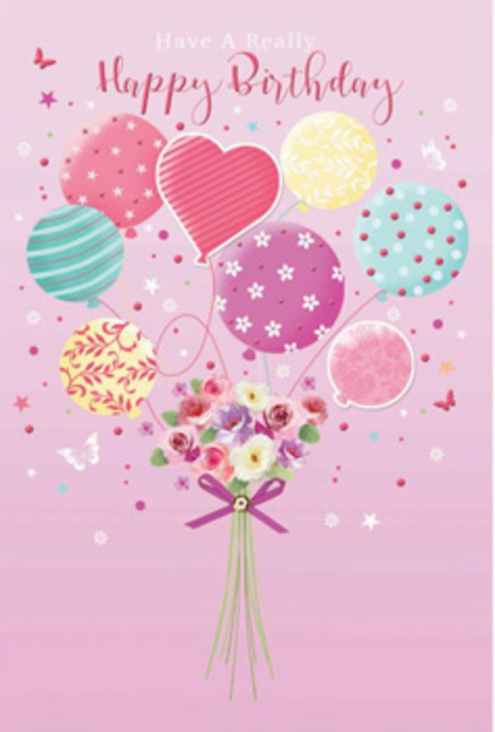 This tender birthday scene is painted on a soft pink canvas, as if the sky above Stockwell had turned pastel just for the occasion. A graceful cluster of balloons floats upward, creating the impression that a bouquet of fresh flowers has been lifted into the air on a breeze that smells faintly of roses and vanilla sweetness. The balloons themselves shimmer in pale sunshine yellows, rosy fuchsias, sea greens, and lavender tones, each one decorated with its own cheerful pattern - swirling ribbons that spiral upwards, candy-striped bands, and polka dots that seem to bounce in place. At the centre, a heart-shaped balloon glows with gentle warmth, hinting at love and gratitude for the birthday person. Below this airy canopy, a compact hand-tied bouquet forms the foundation of the design. Creamy roses and daisy-like flowers, shaded softly from ivory to blush pink and gentle mauve, cluster together as though freshly arranged on a workbench near Stockwell station. Their petals look velvet-smooth and delicately ruffled, each bloom angled just so to catch the imagined light. A sparkling purple or violet bow cinches the stems neatly, adding a playful flick of colour at the base. Scattered around, tiny illustrated butterflies and star-like specks add to the daydream, as if the whole arrangement were caught in a quiet birthday moment in Larkhall Park. The artwork conveys a sense of gentle jubilation - not loud or crowded, but intimate and thoughtful - like a beautiful bouquet delivered to a neighbour's doorway, crafted with the patient care of someone who knows how flowers can turn a simple happy birthday into something deeply felt.