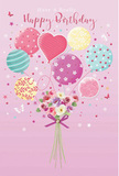 On a soft, rosy-pink background, this birthday artwork shows a whimsical bouquet-and-balloon display that feels as light and joyful as a stroll through Stockwell on a bright spring afternoon. A cluster of pastel balloons rises from the centre, each one distinct yet harmoniously blended: pale pinks with playful polka dots, sea-green and teal balloons streaked with candy-like stripes, buttery yellows with delicate swirls, and a standout heart-shaped balloon glowing warmly at the middle. They appear to drift upwards together, gently tethered to a lush birthday bouquet below. The flowers at the base are small and charming - ivory roses and anemone-style blooms in blush and soft mauve, their petals finely textured and slightly curled at the edges, like freshly cut stems placed in water just moments ago at a local Stockwell flower stall. A sleek violet satin bow ties the gathered stems, its ribbon loops shining softly as the light glides across the illustration. Around the arrangement, little stars, dots, and tiny butterfly motifs are sprinkled, adding an almost fairy-tale tint to the whole composition, as if the bouquet were caught in a magical gust near one of the area's hidden gardens. The scene feels airy, sweet, and effortlessly festive - not just a flat greeting, but a moment captured in colour and texture, where balloons and blooms work together to convey birthday joy, tenderness, and the quiet pride of a florist who understands how to balance pastel shades and shapes so the eye keeps drifting back to that glowing, celebratory heart balloon.